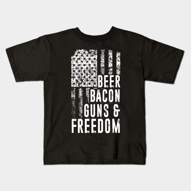 Patriotic USA Flag Design  Beer Bacon Guns And Freedom Kids T-Shirt by danielfarisaj